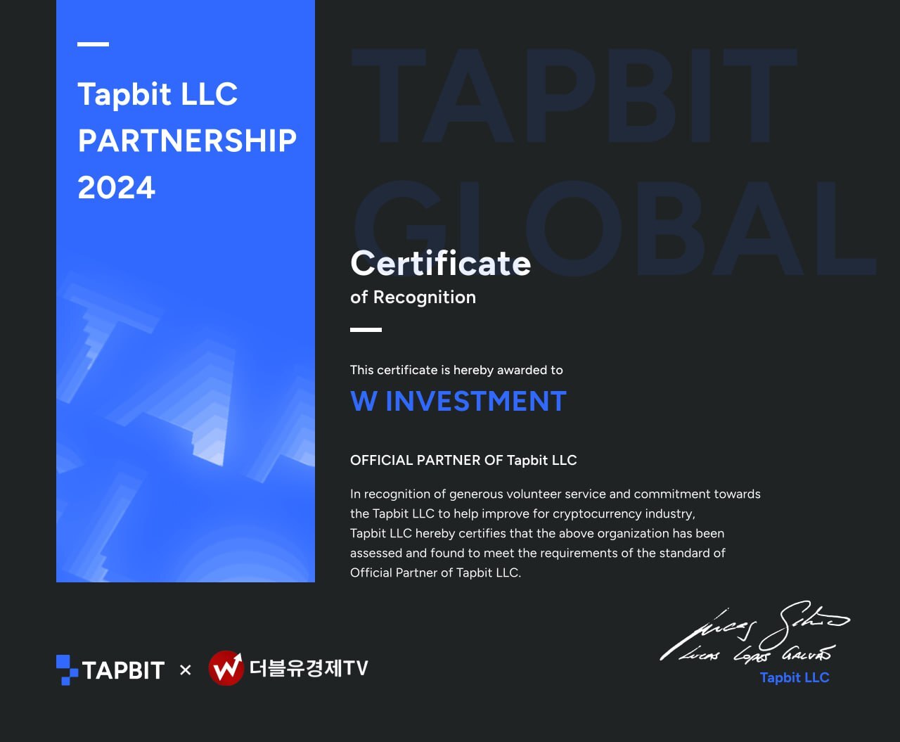 Tapbit LLC Partnership Certificate