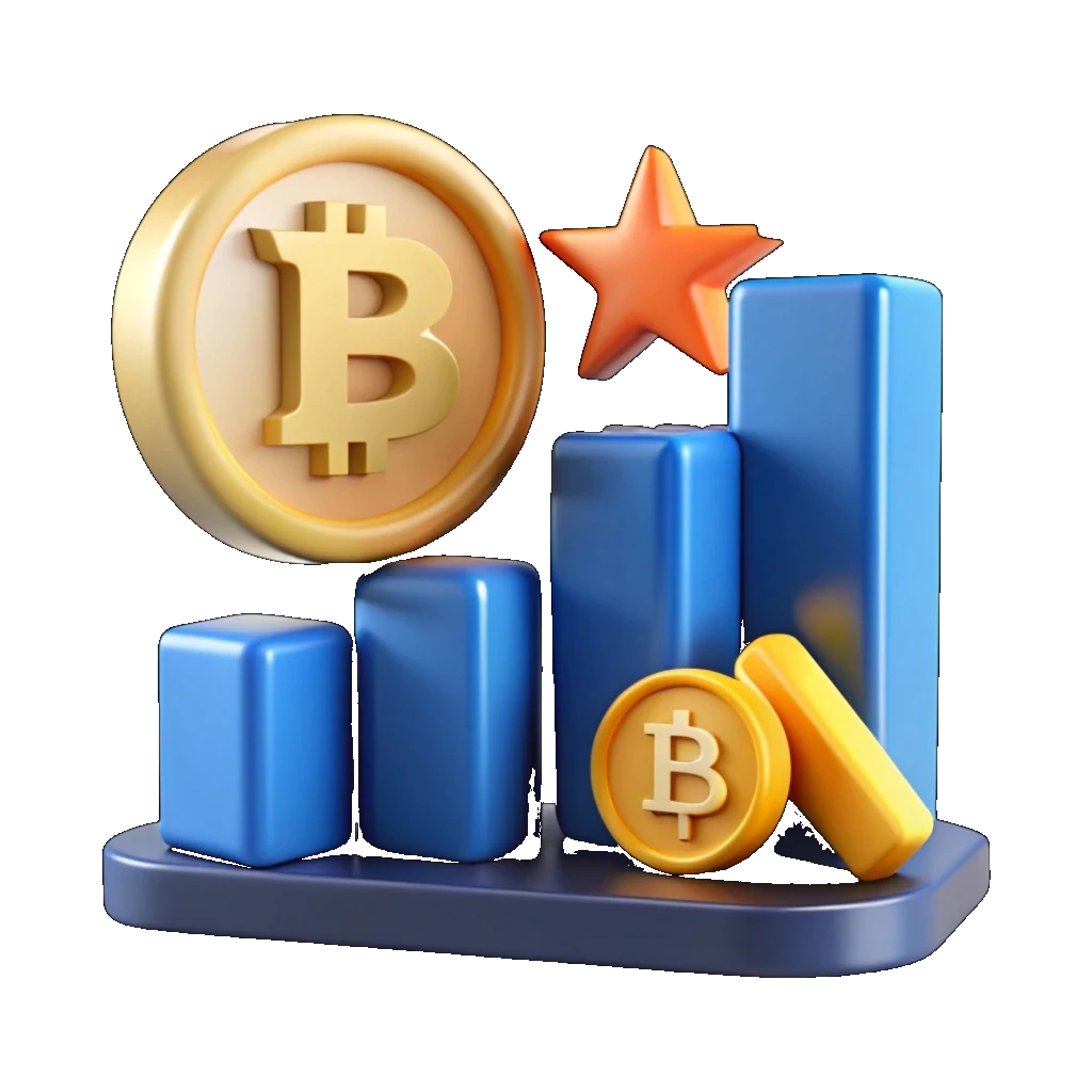 상승하는 막대 그래프와 비트코인을 표현한 3D 일러스트